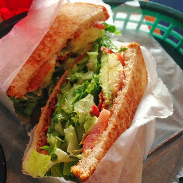BLAST sandwich, a classic BLT with shrimp and avocado on wheat bread