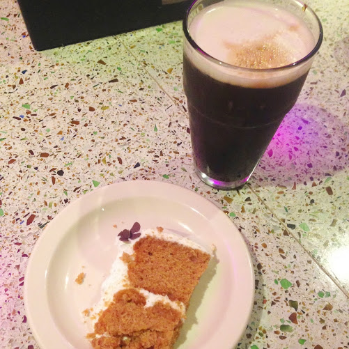 Wedding dessert pairing of sweet potato cake and "black & blue" beer