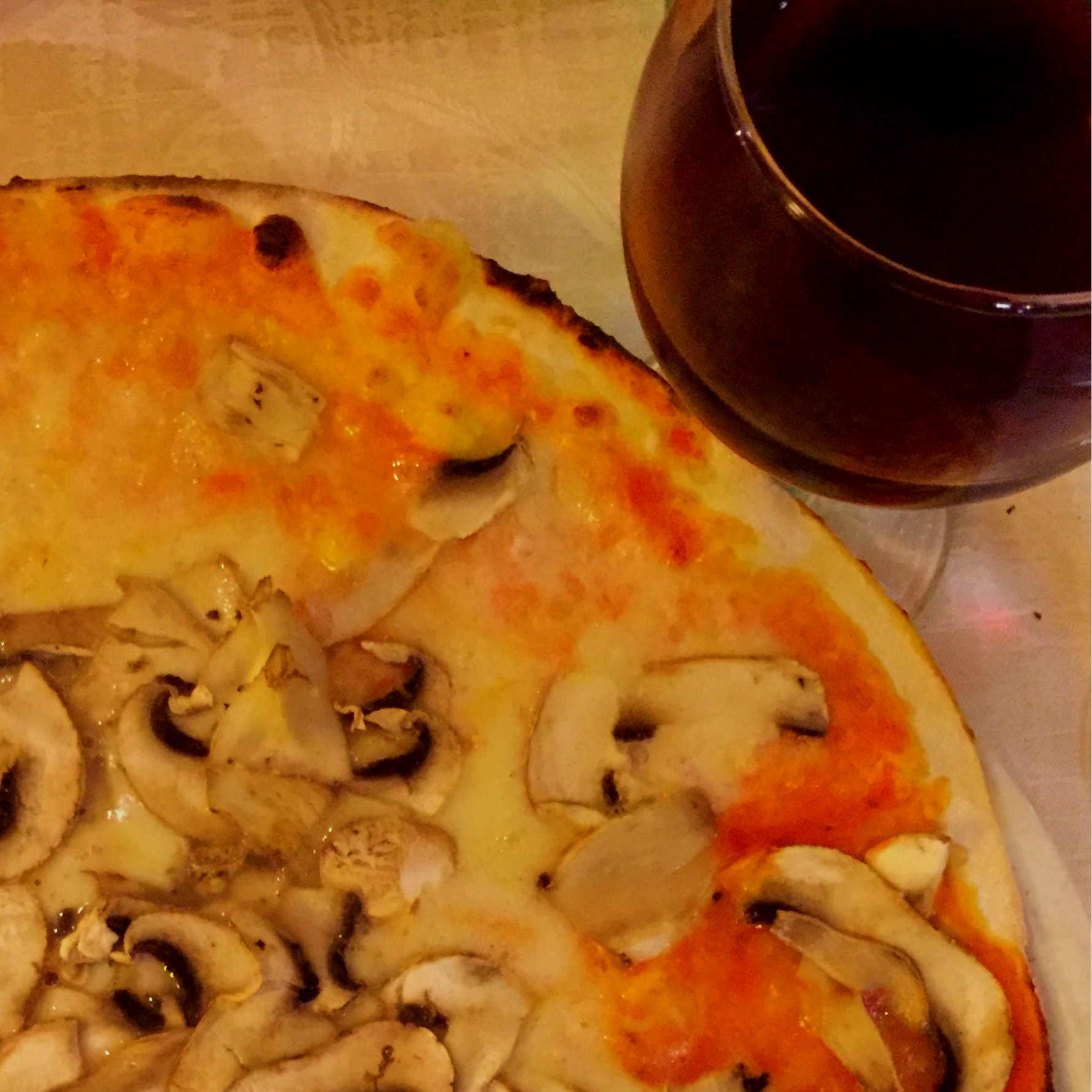 Mushroom pizza and house wine, Bella Napoli