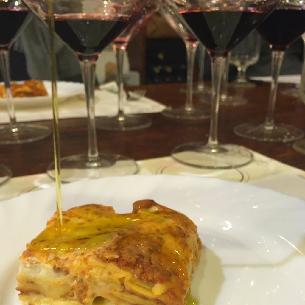 Lasagna with truffle-infused extra virgin olive oil at Tenuta Torciano