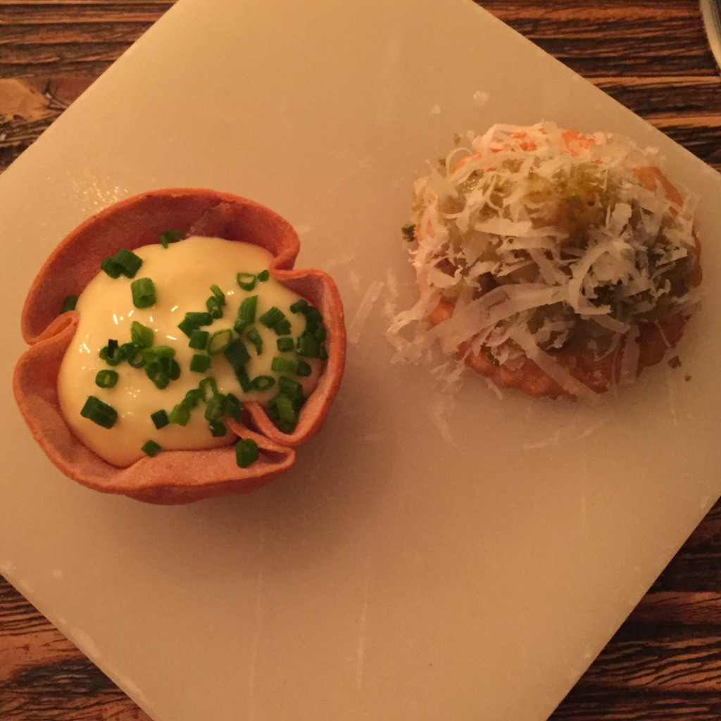 Bacon tart and aubergine-green olive snacks, Forest Avenue