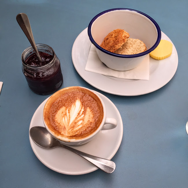 Cortado and scone, Hatch and Sons