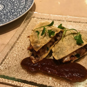 Quesadilla chicharron with housemade chicharron, queso menonita, and salsa cinco chiles, China Poblano