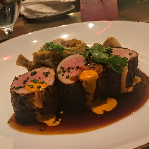 New Mexican spice-rubbed pork tenderloin with bourbon-ancho chile sauce and sweet potato tamale with crushed pecan butter, Mesa Grill