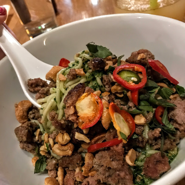 Chilled spicy noodles with Sichuan sausage, Thai basil, and candied cashew, Momofuku