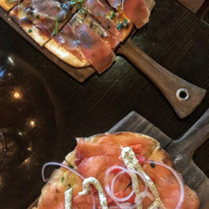 Smoked salmon and fig & prosciutto flatbreads, Todd English’s Olives