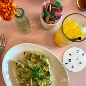 Avocado hummus toast and turmeric cooler, Café Roze