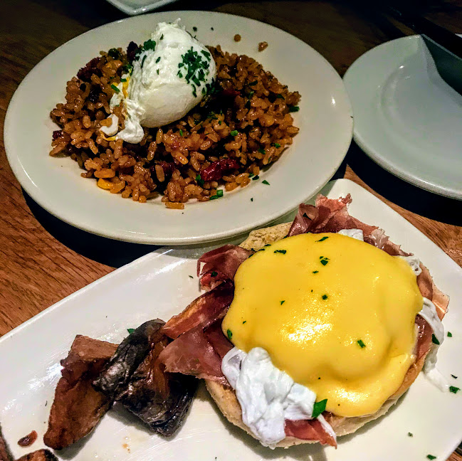 Sausage fried paella rice and jamon serrano eggs benedict, Cafe Ba-Ba-Reeba!