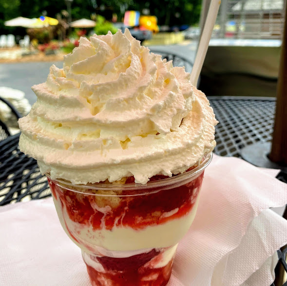 Shortcake crumble sundae with salty, sweet shortcake crumbles, vanilla frozen custard, Door County strawberry compote & fresh whipped cream, Not Licked Yet