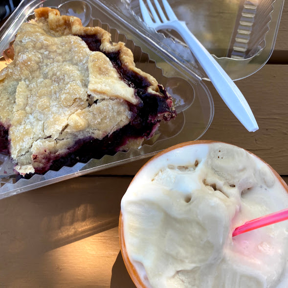 Three-berry pie, Sweetie Pies; salted caramel and roasted almond and fig gelato, Door County Creamery