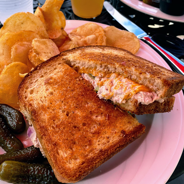 Tuna salad sandwich with Wisconsin cheddar cheese and grilled on wheat bread, Stone Harbor Restaurant