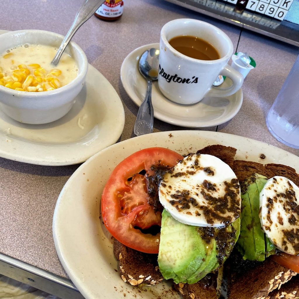 Avocado toast, creamed corn, and coffee, Clayton's Coffee Shop