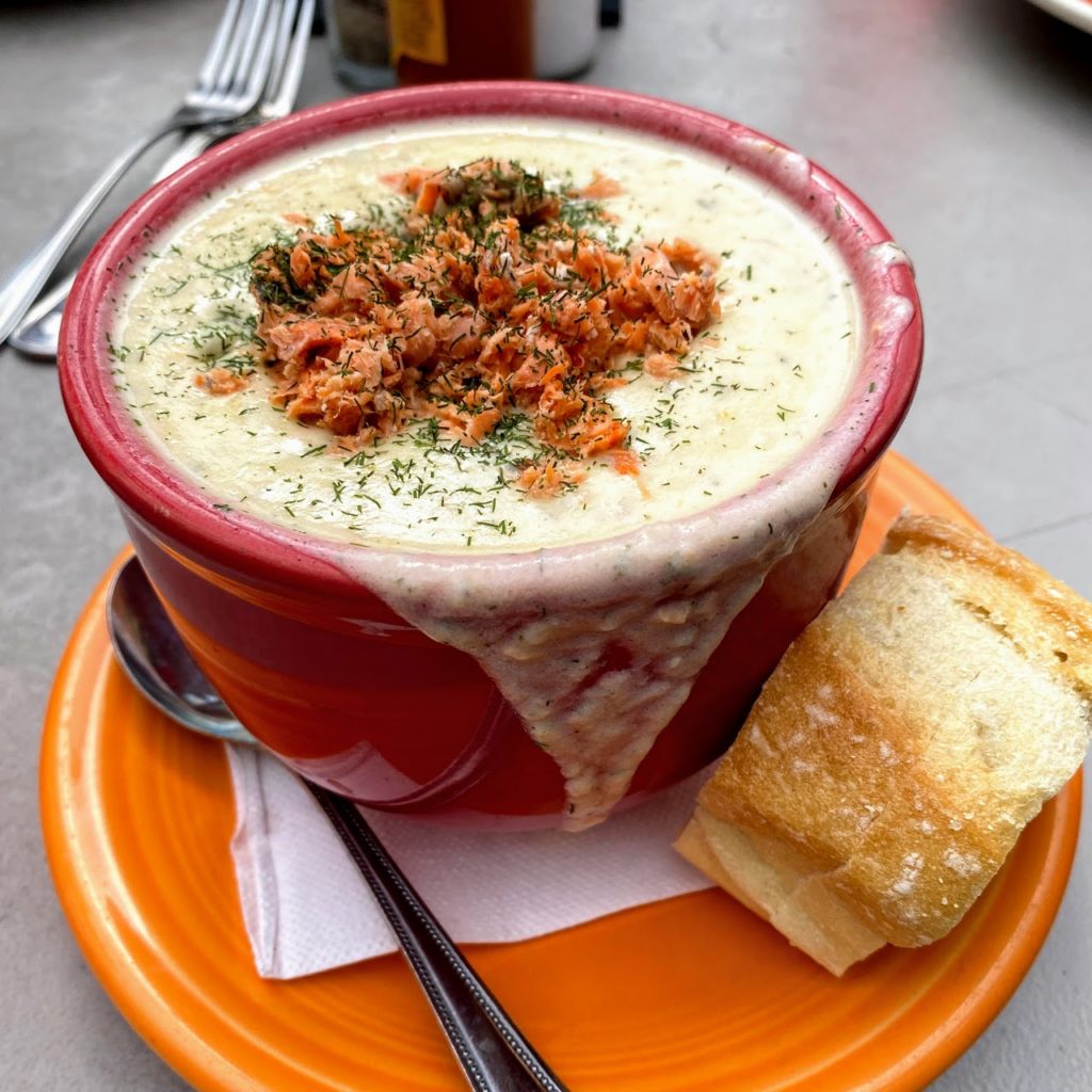 Bowl of smoked salmon chowder, Humpy's