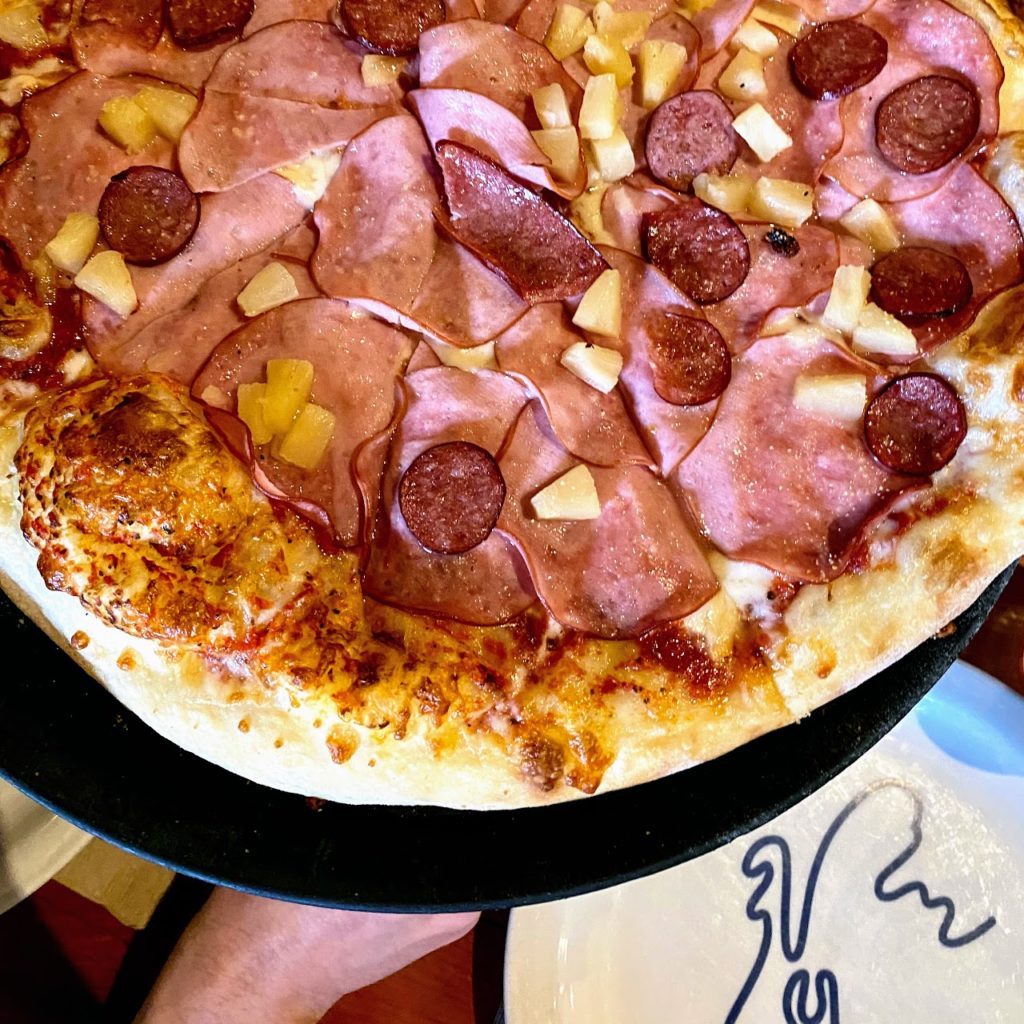 Aloha Escape pizza with reindeer sausage, Moose's Tooth
