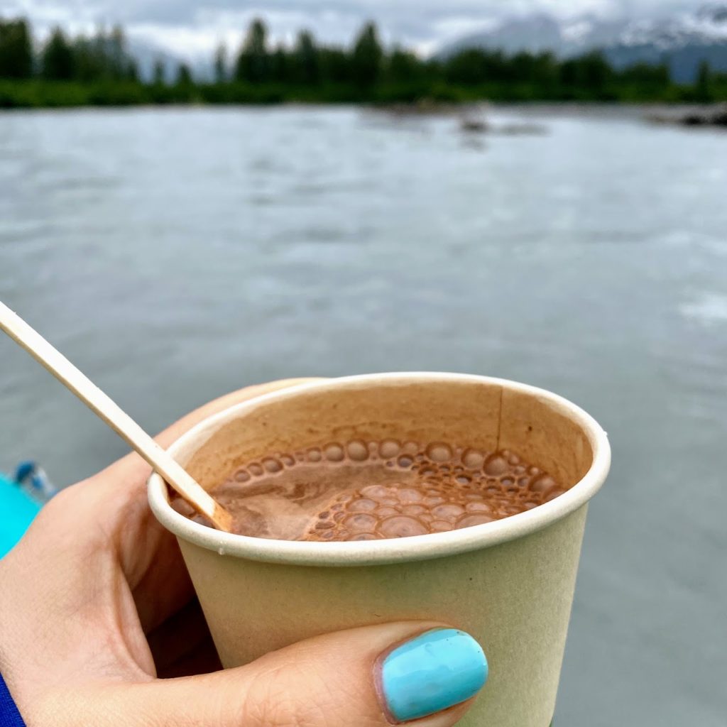 Hot chocolate while floating along the Placer River