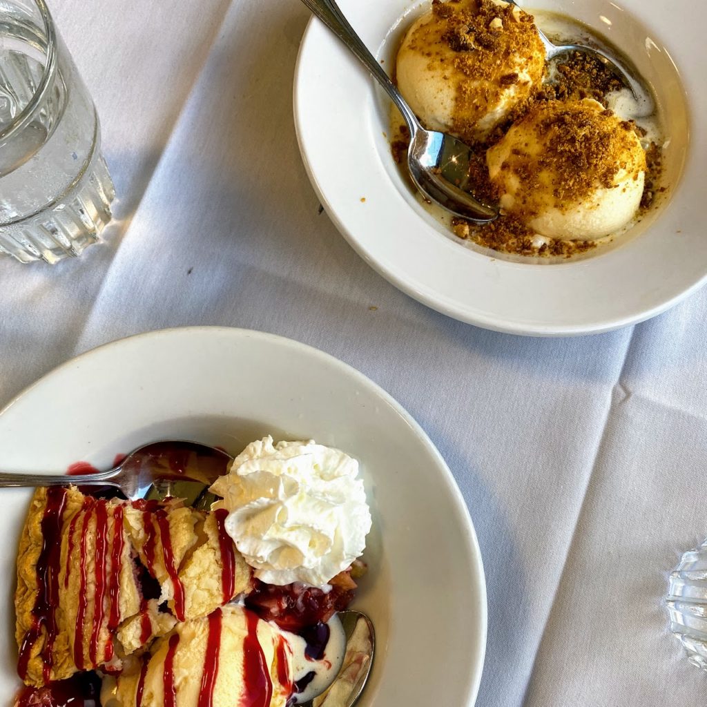 Fruits of the Forest pie and Alaskan birch sundae, Wilderness Express dome car on Denali Star train