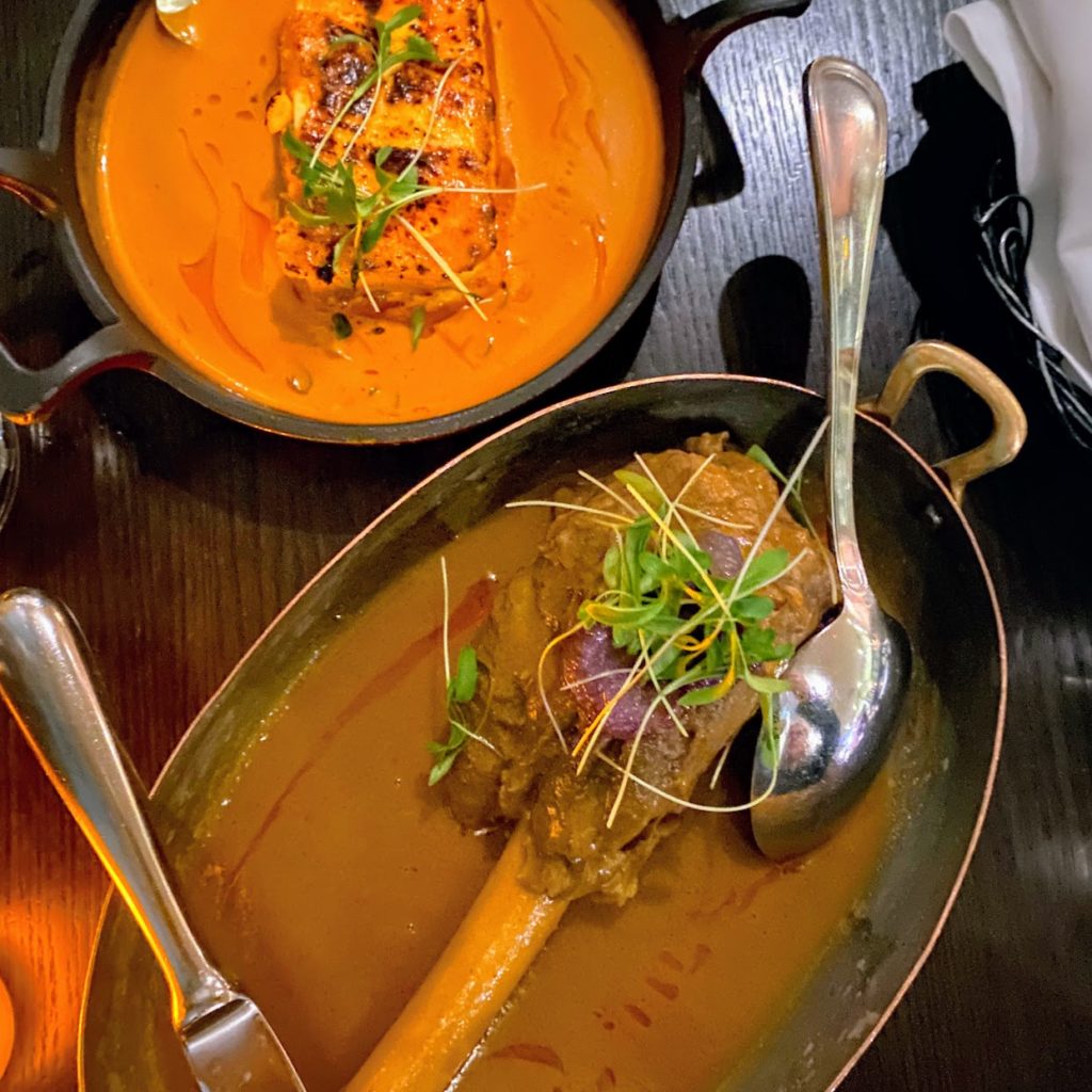 Paneer pasanda with red pepper makhani and fenugreek and Bengali lamb shank (kosha mangsho) with pearl onions and cilantro