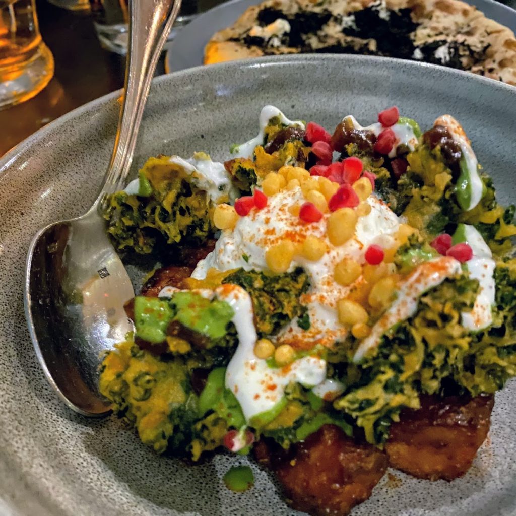 Sweet potato chaat with kale tempura, tamarind, and mint chutney