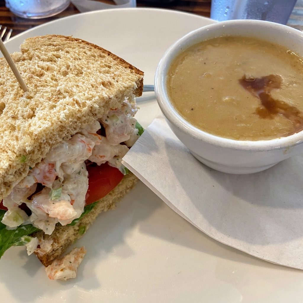 Half of shrimp salad sandwich and she-crab soup, Hudson's