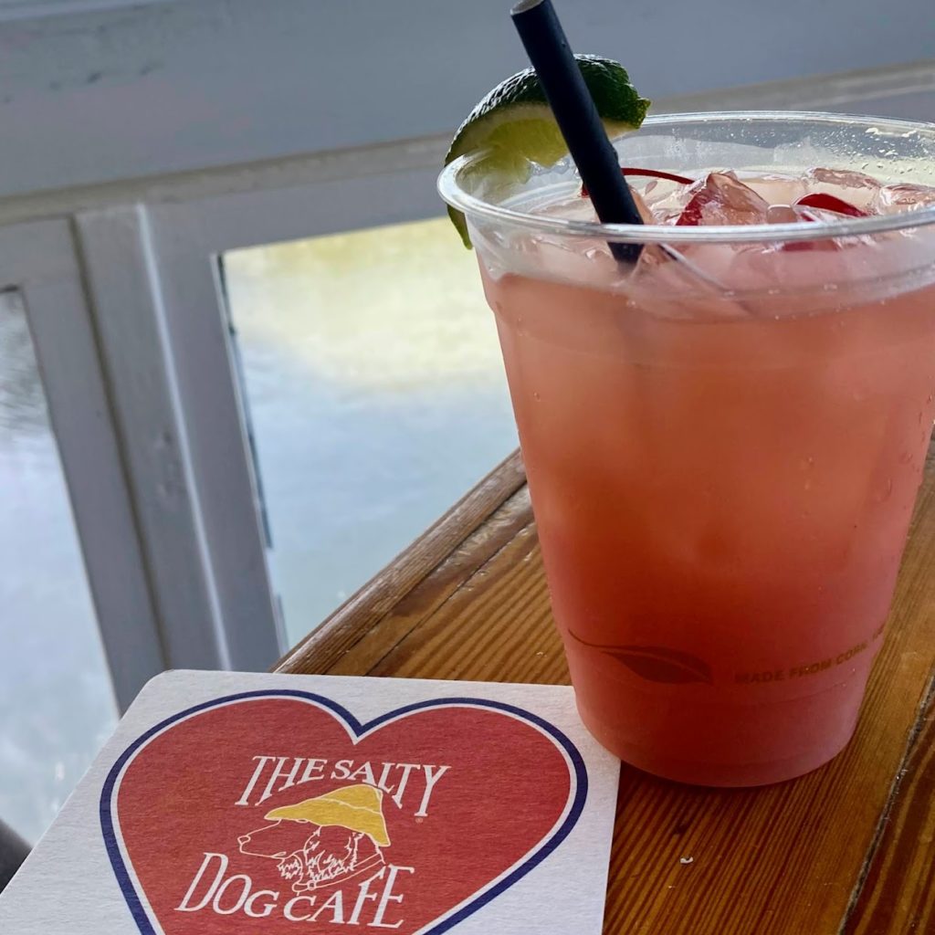 Sea Pines Coyote with local toasted coconut rum, puréed banana, pineapple, cranberry, and a splash of blackberry brandy, The Salty Dog Cafe